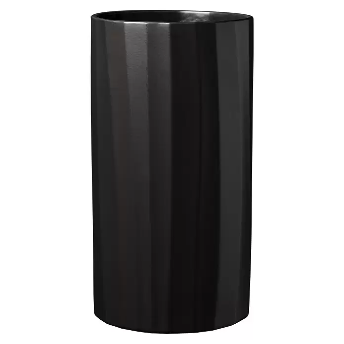 Soendgen Keramik Vase Umea Pure - Ø x H: 11 x 21 cm, Keramik, Anthrazit - Matter schwarzer zylindrischer Übertopf mit vertikalen Facetten.