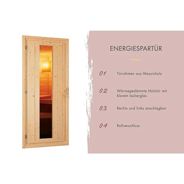 Karibu Elementsauna Gibeon - 9 kW Bio-Saunaofen mit externer Steuerung, L x B x H: 196 x 196 x 198 cm - Energiespartür aus Massivholz mit Isolierglas. Der Türrahmen ist robust und langlebig, ideal für Saunen und andere Innenräume.