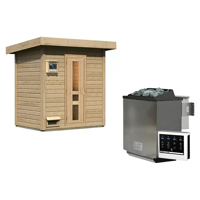 Karibu Saunahaus Hytti - 9 kW Bio-Saunaofen mit externer Steuerung, L x B x H: 146 x 196 x 228 cm, Natur - Hölzerne Außensaunakabine mit Glastür, neben einem Edelstahlofensaunaheizer mit Steinen und digitalem Bedienfeld.