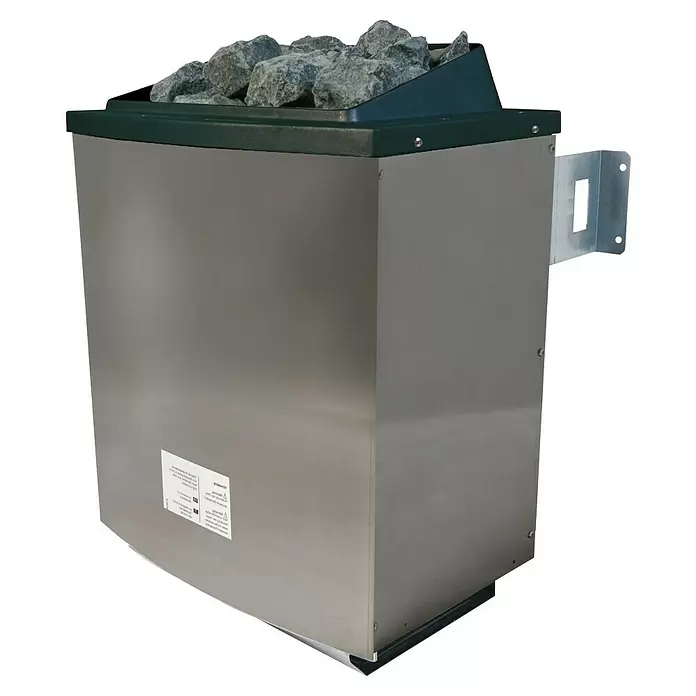 Karibu Elementsauna Katima - 9 kW Saunaofen mit externer Steuerung, L x B x H: 196 x 231 x 198 cm - Saunaofen aus gebürstetem Edelstahl mit dunkelgrüner Oberseite und Heizsteinen.