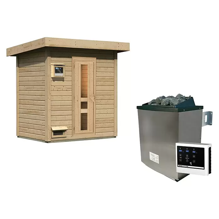 Karibu Saunahaus Hytti - 9 kW Saunaofen mit externer Steuerung, L x B x H: 146 x 196 x 228 cm, Natur - Saunakabine aus hellem Holz mit Glastür und Fenster, daneben ein silberner Saunaofen mit Steinen und weißem Bedienfeld.