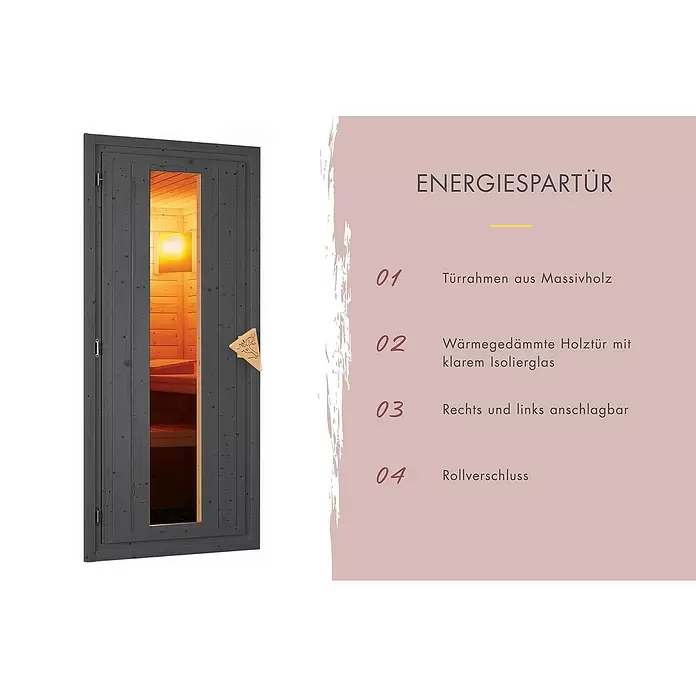 Karibu Saunahaus Hytti - 9 kW Bio-Saunaofen mit externer Steuerung, Terragrau, L x B x H: 146 x 196 x 228 cm - Dunkle, energiesparende Saunatür aus Holz mit Isolierglas.