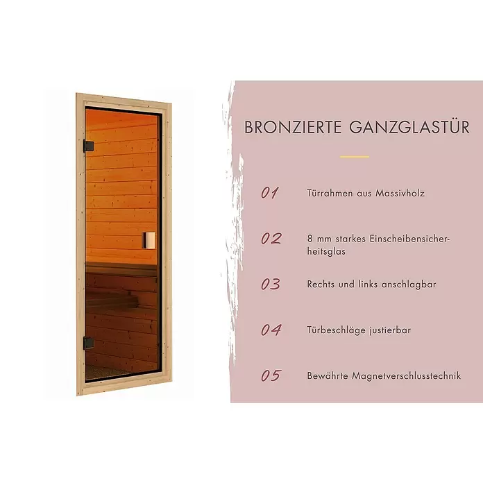 Karibu Saunahaus Cuben - Ohne Ofen, Naturbelassen, L x B x H: 276 x 276 x 210 cm - Bronzierte Ganzglas-Saunatür mit Massivholzrahmen und 8mm Sicherheitsglas.