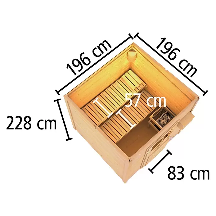Karibu Saunahaus Hytti - 9 kW Saunaofen mit externer Steuerung, Terragrau, L x B x H: 196 x 196 x 228 cm - Hölzerne Saunakabine mit Ofen und Bänken, Maße 196x196x228 cm, Bankbreite 57 cm.