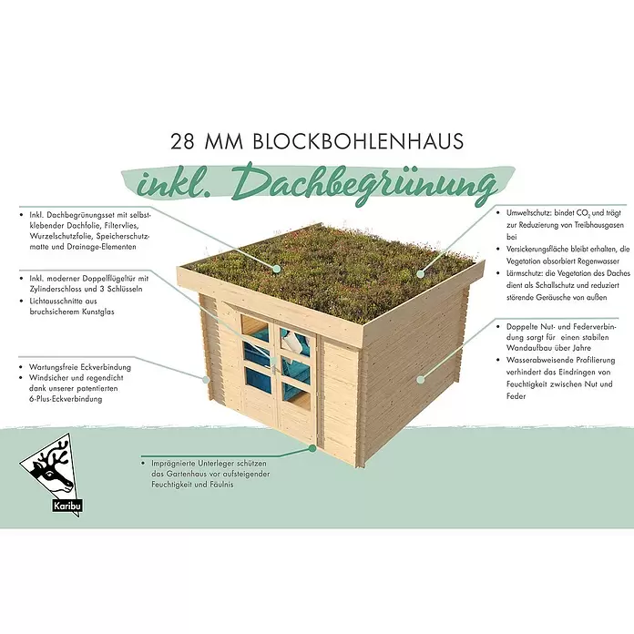 Karibu Gartenhaus Flora 3 - Außenmaß inkl. Dachüberstand (B x T): 297 x 237 cm, Holz, Natur - Holz-Blockbohlenhaus mit Gründach, Doppeltür und Sicherheitsglasfenstern.