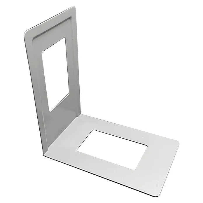 Regalux Bücherstütze - Silber - Ein silberner Buchständer mit rechteckigen Ausschnitten an Vorder- und Bodenflächen, ideal für die Organisation von Büchern im Büro oder zu Hause.