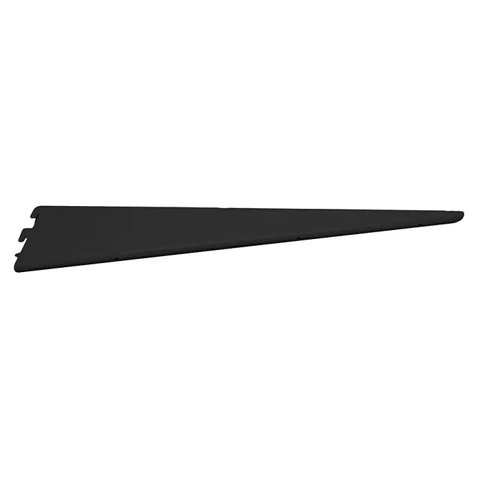 Regalux U-Träger E 32 - Länge: 47 cm, Schwarz - Eine Nahaufnahme einer Regalstütze, die durch ihr robustes Design und ihre dunkle Farbe eine moderne Ästhetik ausstrahlt.