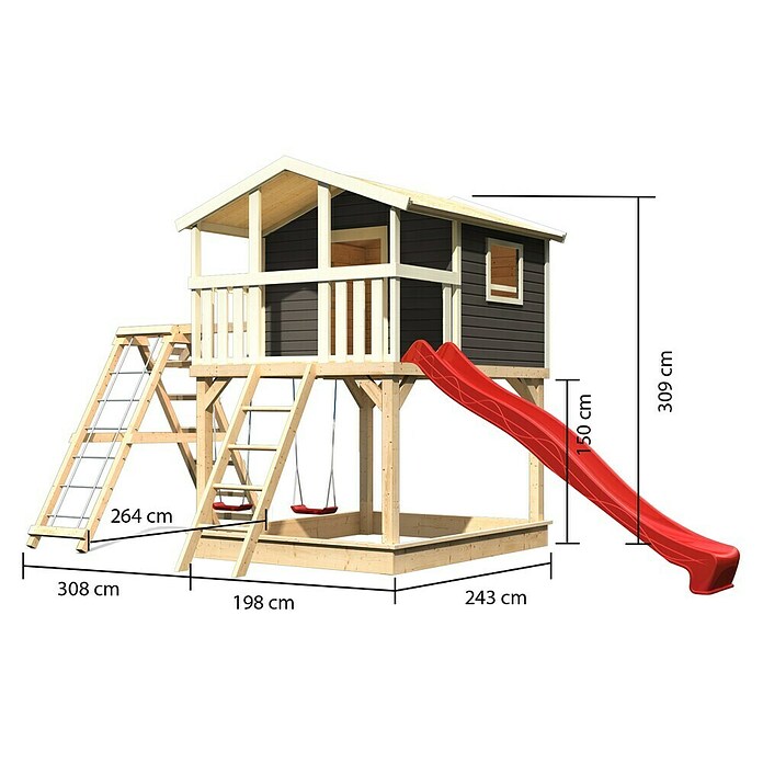 Karibu Kinderspielturm Benjamin (L x B x H: 244 x 198 x 309 cm, Terragrau, Mit roter Rutsche & Klettergerüst) | BAUHAUS