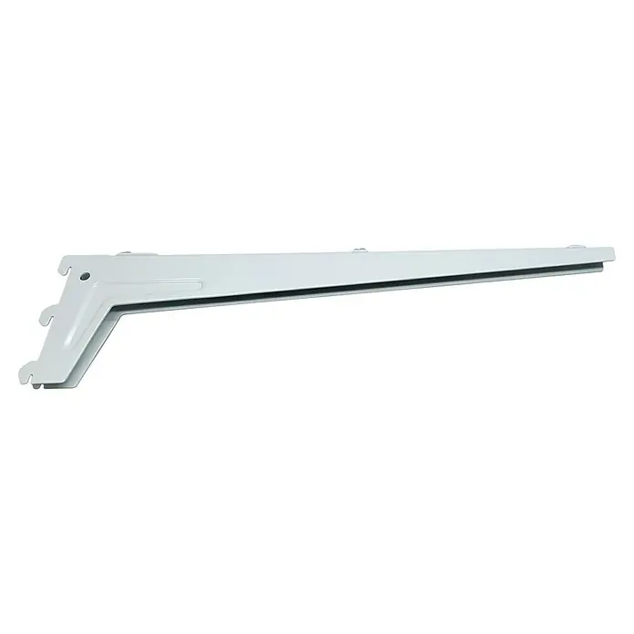Regalux Winkelträger S 50 - Länge: 48 cm, Weiß, 2 Stk. - Nahaufnahme einer weißen Regalhalterung mit einer doppelten L-förmigen Stütze, ideal für die Wandmontage von Regalböden.