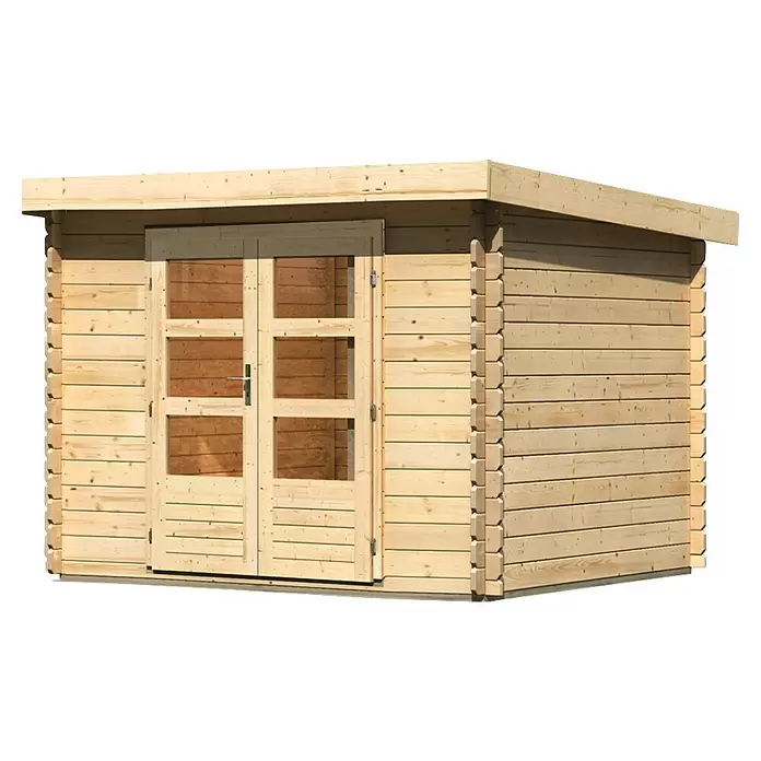 Karibu Gartenhaus Flora 3 - Außenmaß inkl. Dachüberstand (B x T): 297 x 237 cm, Holz, Natur - Helles Holzgartenhaus mit Doppeltüren aus Glas, Flachdach und Blockbohlenbauweise.