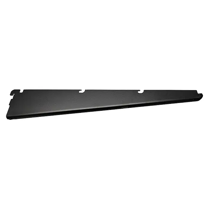 Regalux Drahtbodenträger E 32 - Länge: 42 cm, Schwarz - Eine schwarze Regalhalterung mit mehreren Einhängepunkten. Sie hat eine leicht raue Oberfläche und eine abgerundete Kante.