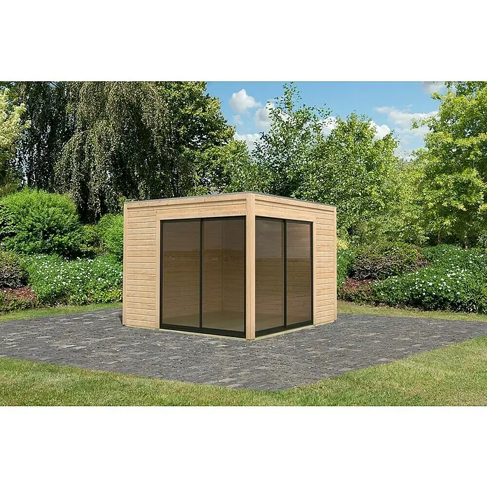 Karibu Gartenhaus Dice 3 - Außenmaß inkl. Dachüberstand (B x T): 308 x 3.082 cm, Holz, Naturbelassen - Abgebildet ist ein modernes Gartenhaus mit Holzverkleidung und großen Glasfronten, das auf einer gepflasterten Fläche inmitten eines Gartens steht.