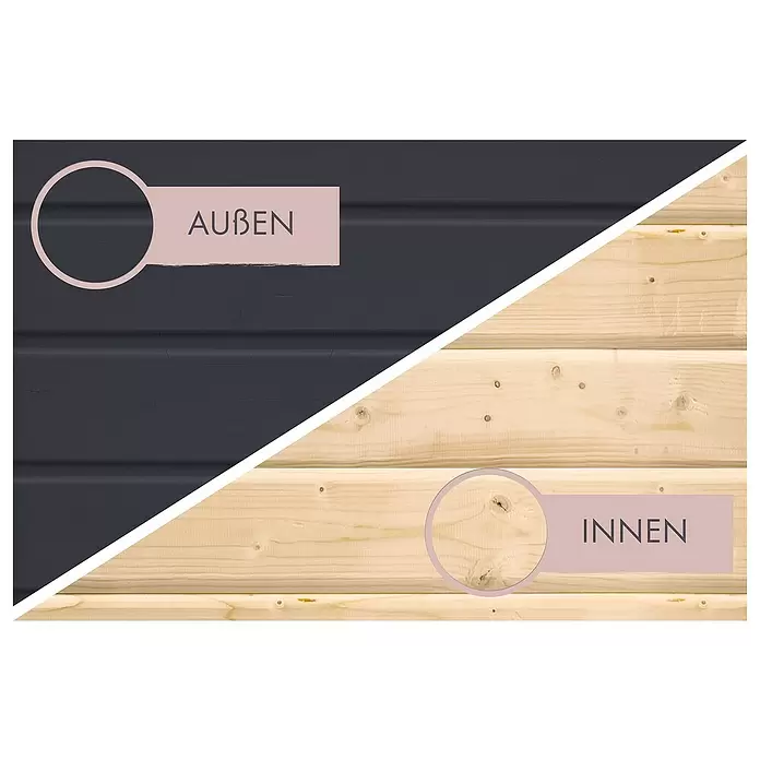 Karibu Saunahaus Ares - Elektroofen, Steuerung Ofen: Extern, L x B x H: 276 x 276 x 231,5 cm - Holzverkleidung: außen dunkelgrau gestrichen, innen naturbelassenes helles Holz.
