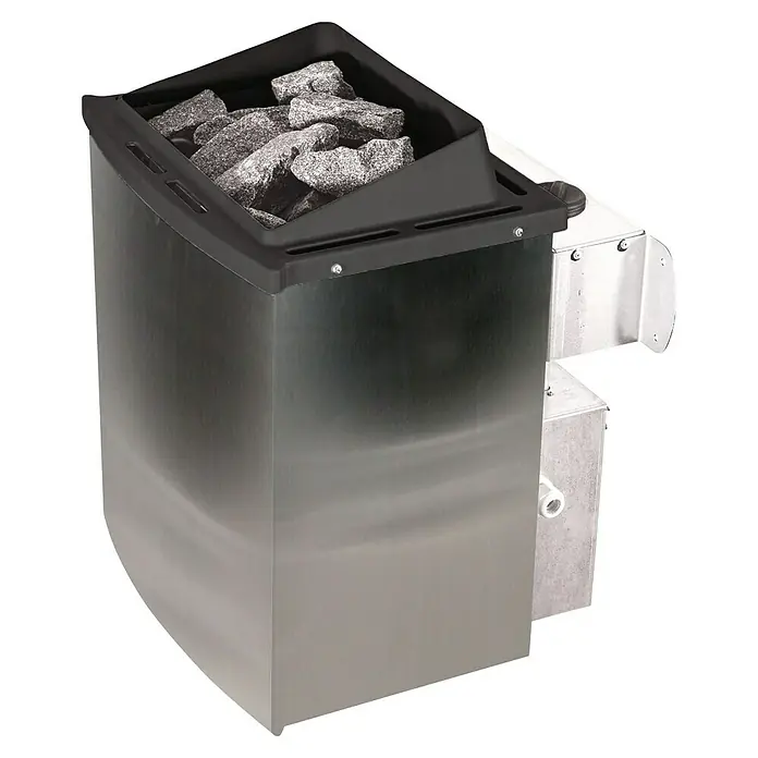 Karibu Elementsauna Gibeon - 9 kW Saunaofen mit integrierter Steuerung, L x B x H: 196 x 196 x 198 cm - Saunaofen mit Steinen gefüllt, ein robustes Gerät mit Edelstahlgehäuse und schwarzem Steinbehälter. Ideal für entspannende Saunaerlebnisse.