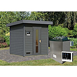 Karibu Saunahaus Hytti (9 kW Saunaofen mit externer Steuerung, Terragrau, L x B x H: 196 x 196 x 228 cm)