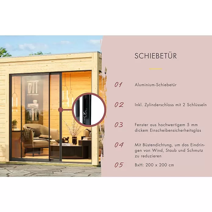 Karibu Saunahaus Miramar - L x B x H: 429 x 219,5 x 244 cm, Schwarz, 9 kW Saunaofen mit externer Steuerung - Eine moderne schwarze Aluminium-Glasschiebetür mit Schloss und Schlüsseln, integriert in ein Holzgartenhaus.