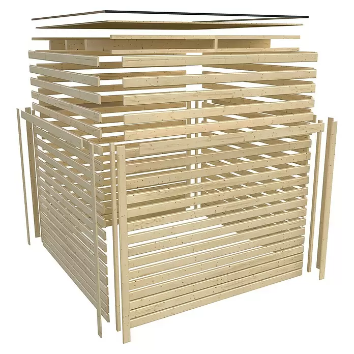 Karibu Saunahaus Cuben - Ohne Ofen, Naturbelassen, L x B x H: 276 x 276 x 210 cm - Explosionszeichnung eines modularen Holzgebäude-Rahmens, zeigt einzelne Bretter und Schichten zur Montage.