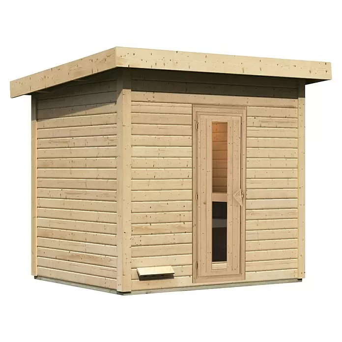 Karibu Saunahaus Hytti - Ohne Ofen, L x B x H: 196 x 231 x 228 cm, Natur - Helle Holzsauna mit Glastür und Flachdach. Mit horizontalen Holzplanken und kleiner Lüftungsöffnung.