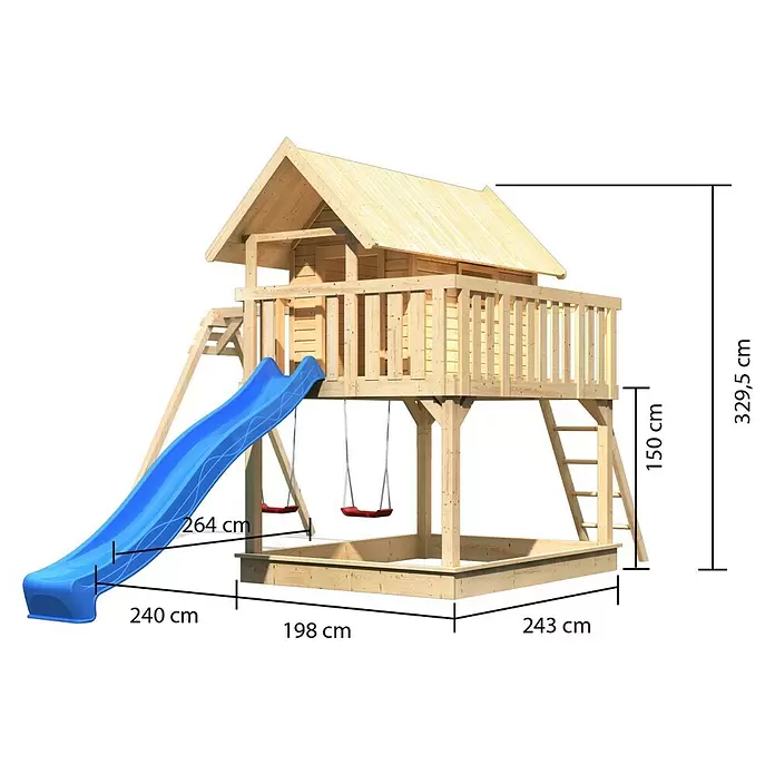 Karibu Kinderspielturm Fidel - L x B x H: 243 x 198 x 329,5 cm, Naturbelassen, Mit blauer Rutsche - Holzspielplatz mit blauer Rutsche, zwei roten Schaukeln und integriertem Sandkasten. Mit erhöhtem Spielhaus und Leiter.