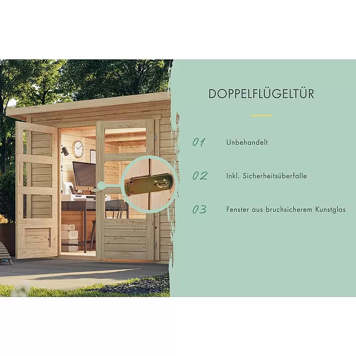 Karibu Gartenhaus Express 3 - Außenmaß inkl. Dachüberstand (B x T): 242 x 238 cm, Holz, Naturbelassen, Ohne Anbau - Unbehandeltes Holzgartenhaus mit Doppelflügeltür, inkl. Sicherheitsüberfalle und bruchsicheren Kunstglasfenstern, in Gartenumgebung.