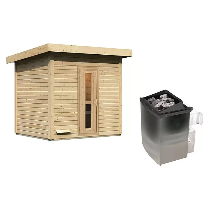 Karibu Saunahaus Hytti - 9 kW Saunaofen mit integrierter Steuerung, L x B x H: 196 x 231 x 228 cm, Natur - Hölzerne Saunakabine mit Glastür und separater Metall-Saunaofen mit Steinen.