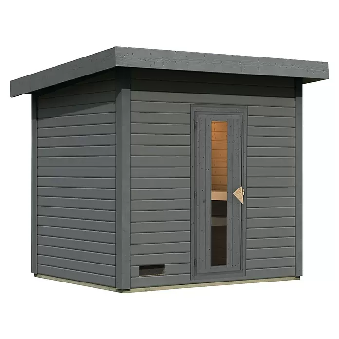 Karibu Saunahaus Hytti - Ohne Ofen, Terragrau, L x B x H: 196 x 231 x 228 cm - Graue Holzsaunakabine mit einer Glastür.