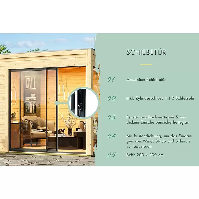 Karibu Gartenhaus Saturn - Außenmaß inkl. Dachüberstand (B x T): 276 x 276 cm, Holz, Anthrazit - Eine große, schwarz gerahmte Aluminium-Glasschiebetür in einer hellen Holzhütte, die einen gemütlichen Innenraum zeigt.