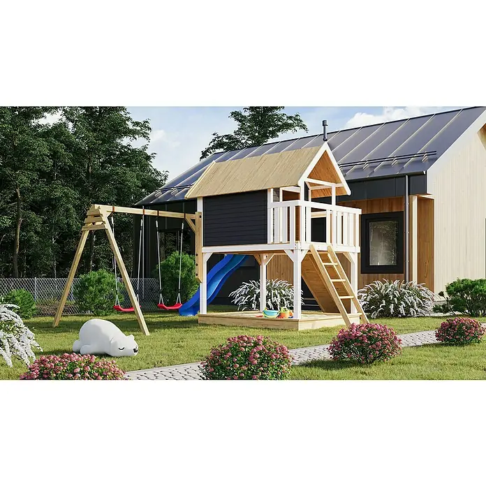 Karibu Kinderspielturm Fidel - L x B x H: 243 x 198 x 329,5 cm, Terragrau, Mit blauer Rutsche - Einladender Kinderspielplatz mit Schaukel und Rutsche im Garten, ideal für stundenlangen Spaß im Freien.