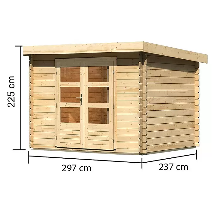 Karibu Gartenhaus Flora 3 - Außenmaß inkl. Dachüberstand (B x T): 297 x 237 cm, Holz, Natur - Helles Holz Gartenhaus mit Flachdach und Doppeltüren, mit Maßen.