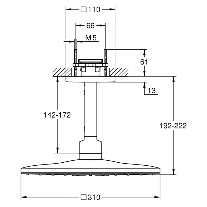 Grohe Rainshower SmartActive Kopfbrausen-Set 310 Cube31 x 31 cm, 25 l/min, Deckenmontage, Chrom - Technische Zeichnung einer Duschbrause mit Maßangaben. Die Duschbrause hat einen Durchmesser von 310 mm und eine variabel einstellbare Höhe.