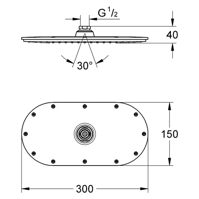 Grohe Kopfbrause Rainshower Veris 300 - 15 x 30 cm, 23 l/min, Anzahl Funktionen: 1 Stk., Chrom - Abbildung einer Duschbrause mit Abmessungen, die einen runden Duschkopf und eine rechteckige Montagebasis zeigen.