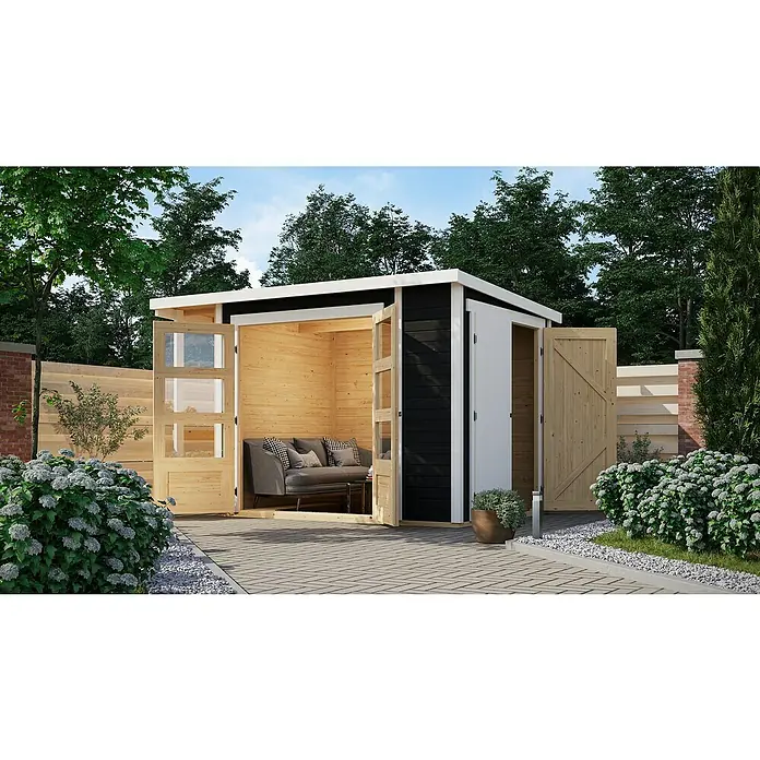 Karibu Gerätehaus Multi - Außenmaß inkl. Dachüberstand (B x T): 300 x 186,5 cm, Holz, Terragrau - Moderne Gartenlaube mit offenem Eingang, heller Holzinnenausstattung und dunkler Außenverkleidung, umgeben von üppigem Grün.