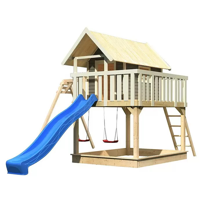 Karibu Kinderspielturm Fidel - L x B x H: 243 x 198 x 329,5 cm, Terragrau, Mit blauer Rutsche - Spielturm aus Holz mit erhöhtem Spielhaus, blauer Rutsche, zwei Schaukeln und integriertem Sandkasten.