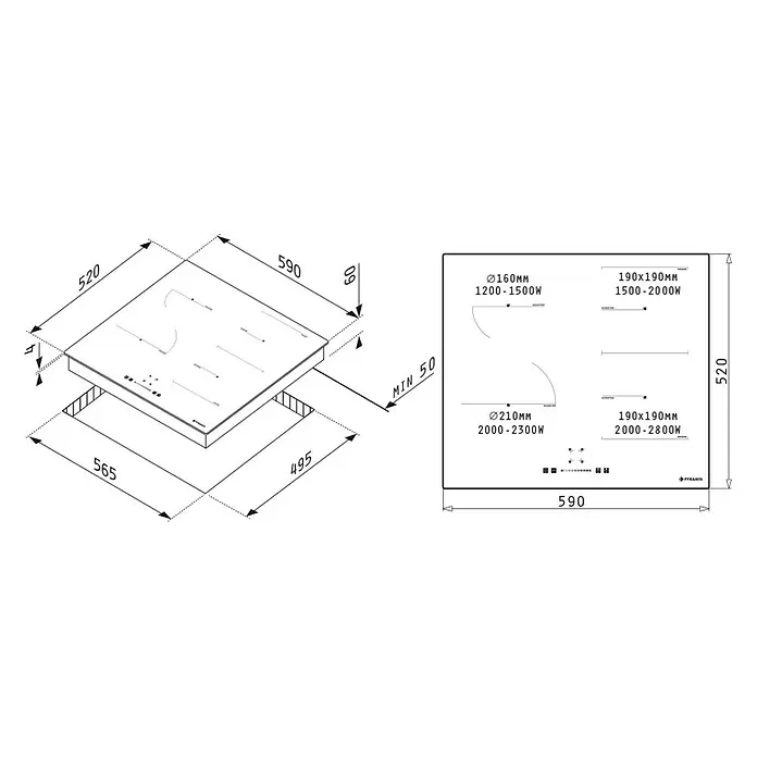 Pyramis Kochfeld PHI62432FMB - Anzahl Induktionskochstellen: 4 Stk. - Technische Zeichnung eines Induktionskochfelds mit Maßen (590x520mm), Ausschnitt (565x495mm) und Leistungsangaben für vier Kochzonen.