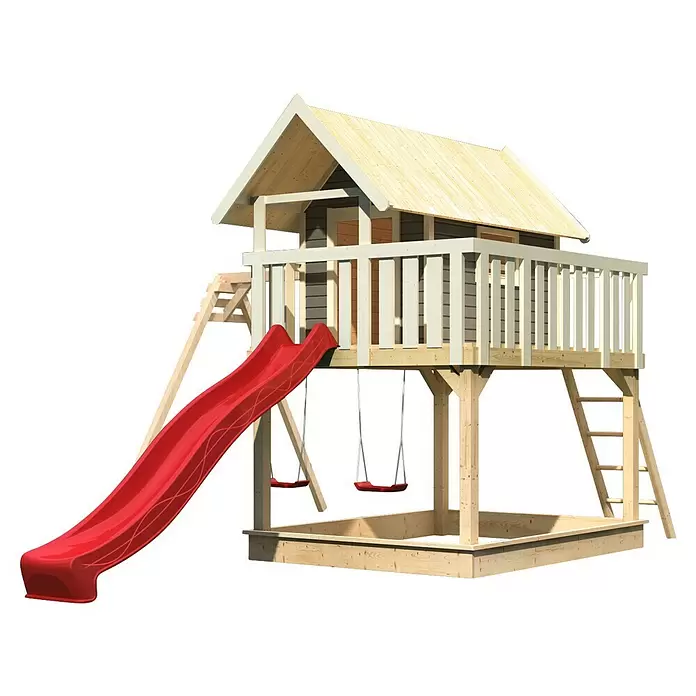 Karibu Kinderspielturm Fidel - L x B x H: 243 x 198 x 329,5 cm, Terragrau, Mit roter Rutsche - Hölzernes Kinderspielhaus mit erhöhter Kabine, roter Rutsche, zwei roten Schaukeln und integriertem Sandkasten.
