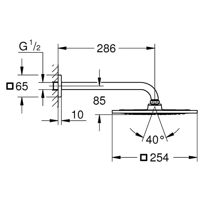 Grohe Rainshower F-Series 10 Kopfbrausen-Set - Durchmesser: 21 cm, 19 l/min, Chrom - Technische Zeichnung einer Kopfbrause mit Maßen. Die Brause hat einen Durchmesser von 254 mm und ist an einem 286 mm langen Arm befestigt.