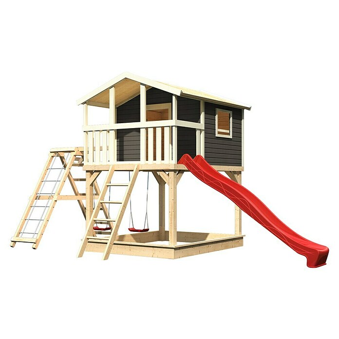 Karibu Kinderspielturm Benjamin (L x B x H: 244 x 198 x 309 cm, Terragrau, Mit roter Rutsche & Klettergerüst) | BAUHAUS