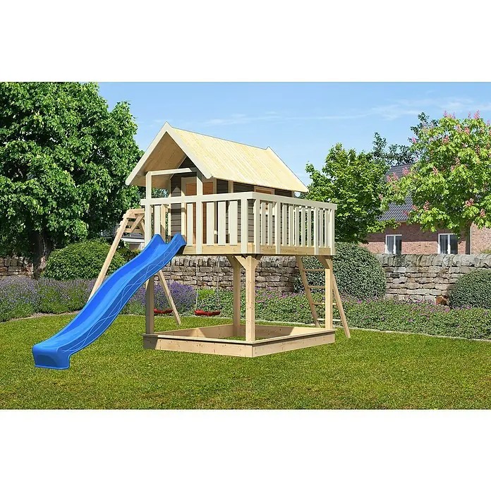 Karibu Kinderspielturm Fidel - L x B x H: 243 x 198 x 329,5 cm, Terragrau, Mit blauer Rutsche - Ein hölzernes Spielhaus mit Rutsche, Schaukeln und Sandkasten im Garten. Ideal für stundenlangen Spielspaß im Freien.