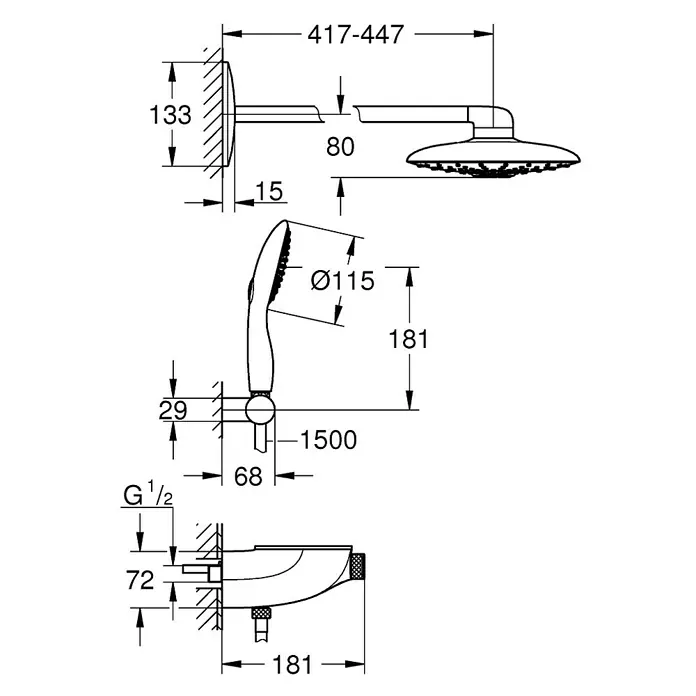 Grohe Rainshower SmartControl Duschsystem Duo 360 - Mit Thermostatarmatur, Anzahl Strahlarten: 2 Stk., Chrom - Abbildung eines Duschsystems mit Maßen für Installation und Design. Präzise Angaben zu Abständen und Größen für Badplanung.