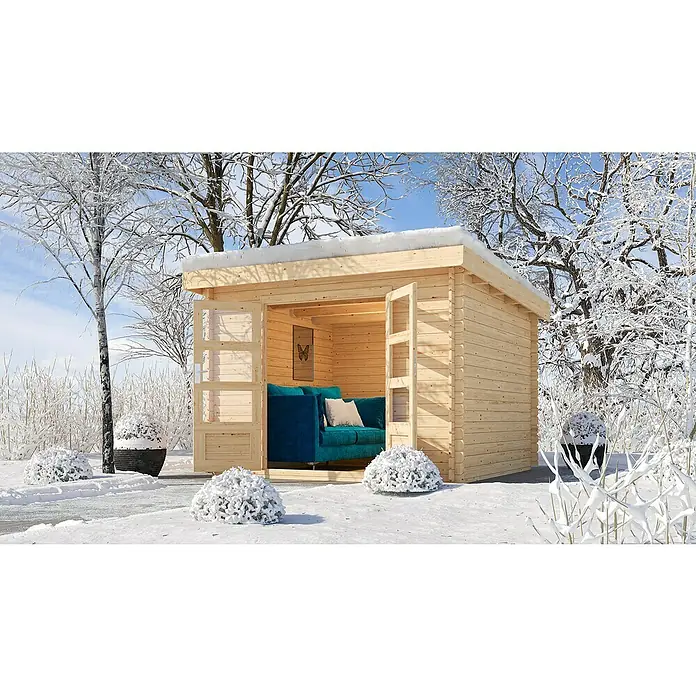Karibu Gartenhaus Flora 3 - Außenmaß inkl. Dachüberstand (B x T): 297 x 237 cm, Holz, Natur - Das Bild zeigt ein modernes Gartenhaus mit großen Fenstern und einer gemütlichen Sitzecke im Schnee, ideal für entspannte Wintertage.