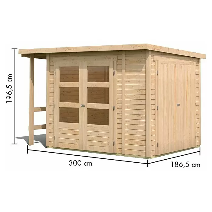Karibu Gerätehaus Multi - Außenmaß inkl. Dachüberstand (B x T): 300 x 186,5 cm, Holz, Natur - Heller Holzgartenhaus mit verglasten Doppeltüren, einer massiven Seitentür und einem kleinen Vordach.