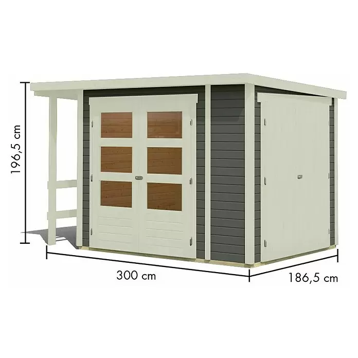 Karibu Gerätehaus Multi - Außenmaß inkl. Dachüberstand (B x T): 300 x 186,5 cm, Holz, Terragrau - Holzgartenhaus, dunkelgraue Wände, cremefarbene Türen. Doppeltüren mit Fenstern, Einzelseitentür. Maße: 300x186.5x196.5 cm (BxTxH).