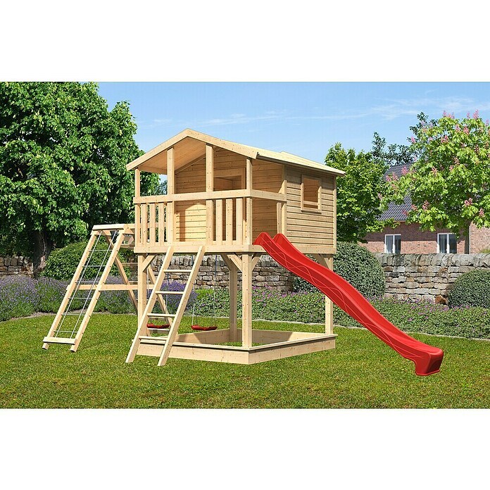Karibu Kinderspielturm Benjamin (L x B x H: 244 x 198 x 309 cm, Naturbelassen, Mit roter Rutsche & Klettergerüst) | BAUHAUS