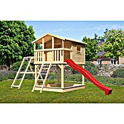 Karibu Kinderspielturm Benjamin (L x B x H: 244 x 198 x 309 cm, Naturbelassen, Mit roter Rutsche & Klettergerüst) | BAUHAUS