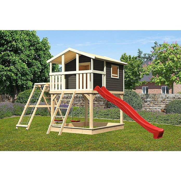 Karibu Kinderspielturm Benjamin (L x B x H: 244 x 198 x 309 cm, Terragrau, Mit roter Rutsche & Klettergerüst) | BAUHAUS
