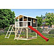 Karibu Kinderspielturm Benjamin (L x B x H: 244 x 198 x 309 cm, Terragrau, Mit roter Rutsche & Klettergerüst) | BAUHAUS