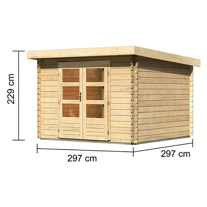 Karibu Gartenhaus Flora 5 - Außenmaß inkl. Dachüberstand (B x T): 297 x 297 cm, Holz, Natur - Heller Holzschuppen mit Doppeltüren und Abmessungen von 229 cm Höhe, 297 cm Breite und 297 cm Tiefe.