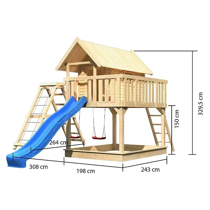 Karibu Kinderspielturm Fidel - L x B x H: 243 x 198 x 329,5 cm, Naturbelassen, Mit blauer Rutsche & Klettergerüst - Hölzerner Spielplatz mit blauer Rutsche, zwei Schaukeln, Sandkasten, Kletterleiter und Spielhaus.