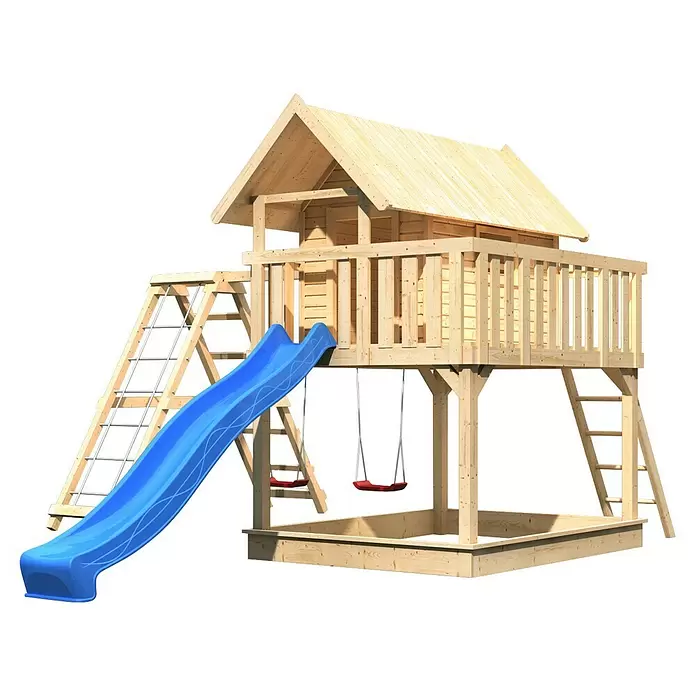Karibu Kinderspielturm Fidel - L x B x H: 243 x 198 x 329,5 cm, Naturbelassen, Mit blauer Rutsche & Klettergerüst - Hölzernes Spielhaus mit blauer Rutsche, roten Schaukeln, Kletternetz und Sandkasten.