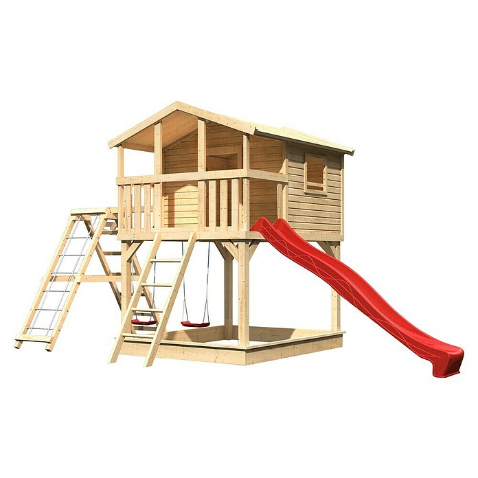 Karibu Kinderspielturm Benjamin (L x B x H: 244 x 198 x 309 cm, Naturbelassen, Mit roter Rutsche & Klettergerüst) | BAUHAUS